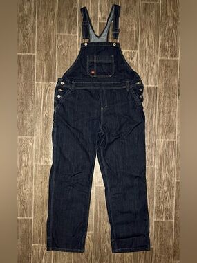 Dickies Denim Bib Overalls Dark Wash Blue Jean Straight Leg Womens Large Cotton